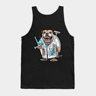 an English Bulldog wearing a dentist's coat and holding a dental drill Tank Top